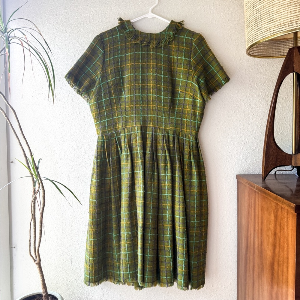 Handmade 1960s Olive Green Tweed Fit & Flare